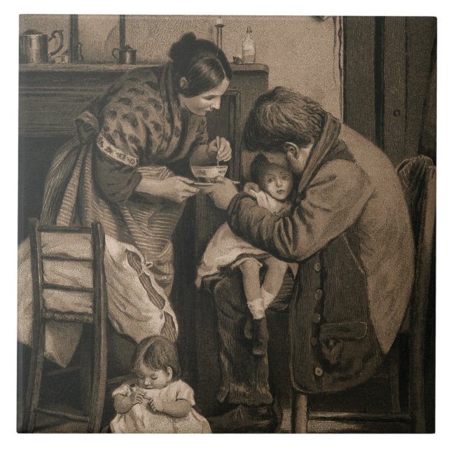 Sick Young Girl Supported by Her Father and Mother Tile (Front)