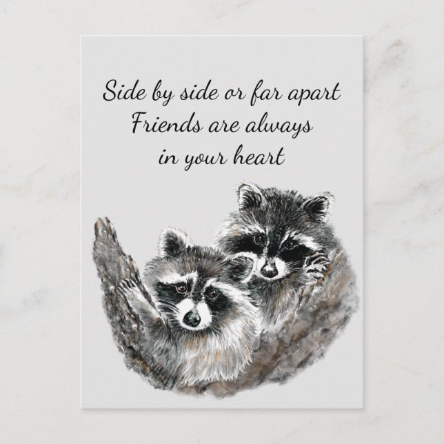 Side by Side or Far Apart Friends Quote Raccoon Postcard (Front)