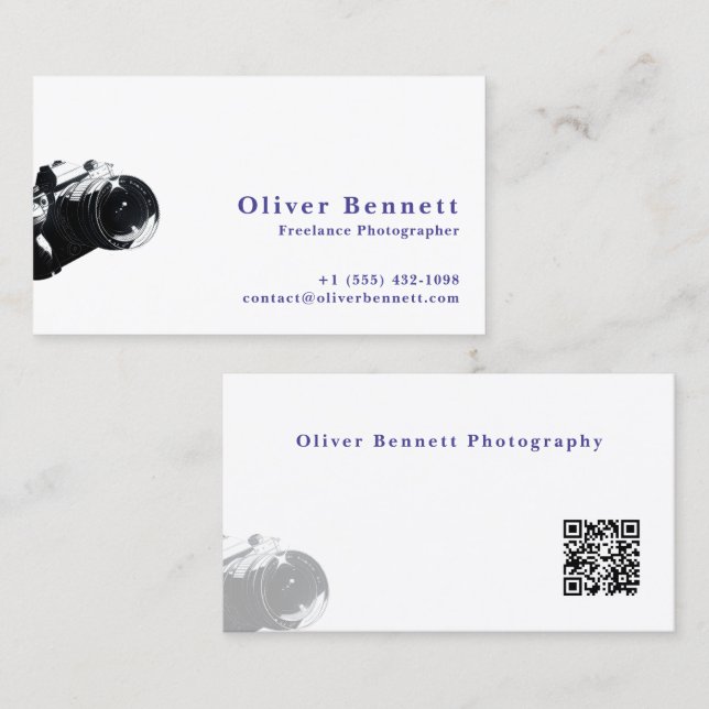 Side-cut Design Camera Photographer QR Code  Business Card (Front/Back)