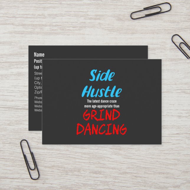 Side Hustle vs. Grind Dancing Neon Blue Text Business Card (Front/Back In Situ)