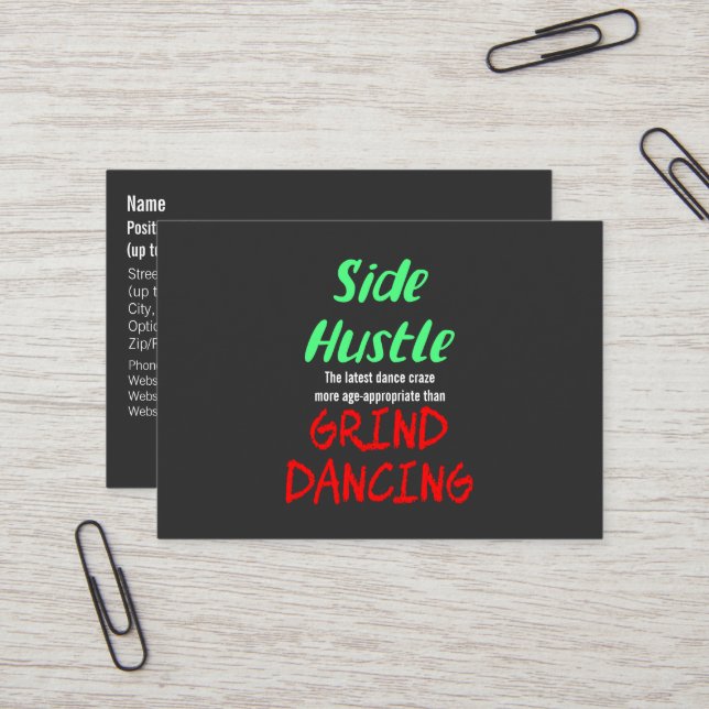 Side Hustle vs. Grind Dancing Neon Green Text Business Card (Front/Back In Situ)