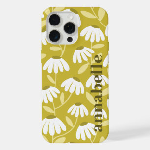 Side Monogram Name Dark Gold Olive Floral Pattern iPhone 15 Pro Max Case