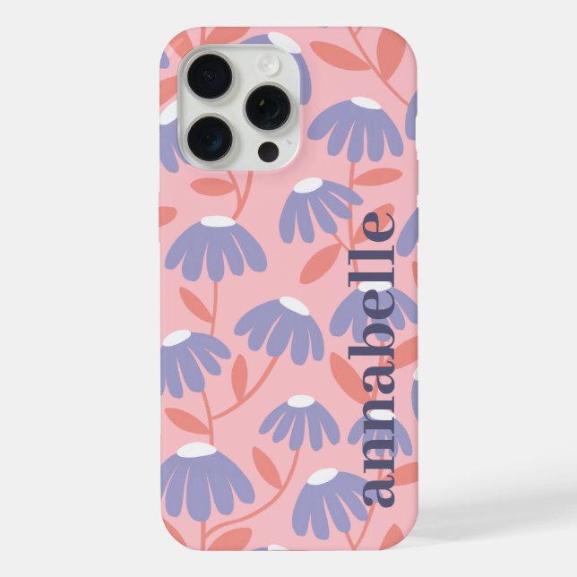 Side Monogram Name Pink & Blue Floral Pattern iPhone Case (Back)