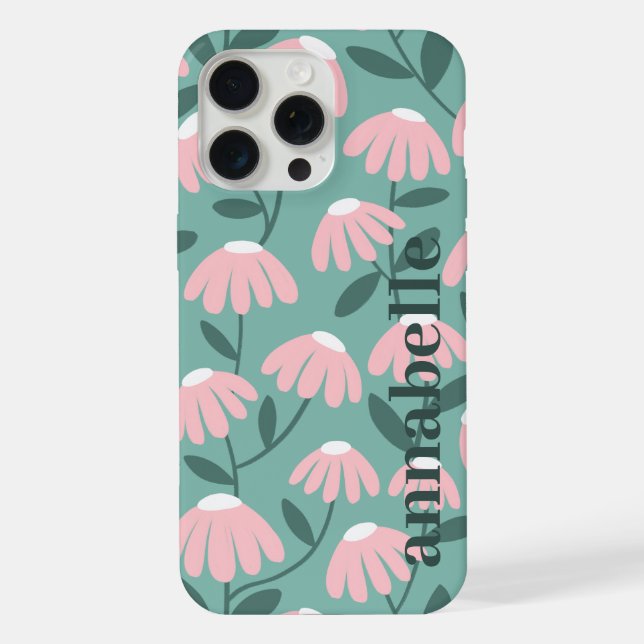 Side Monogram Name Pink & Green Floral Pattern iPhone Case (Back)