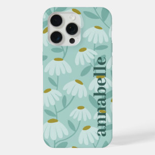 Side Monogram Name Teal Blue Floral Pattern iPhone 15 Pro Max Case