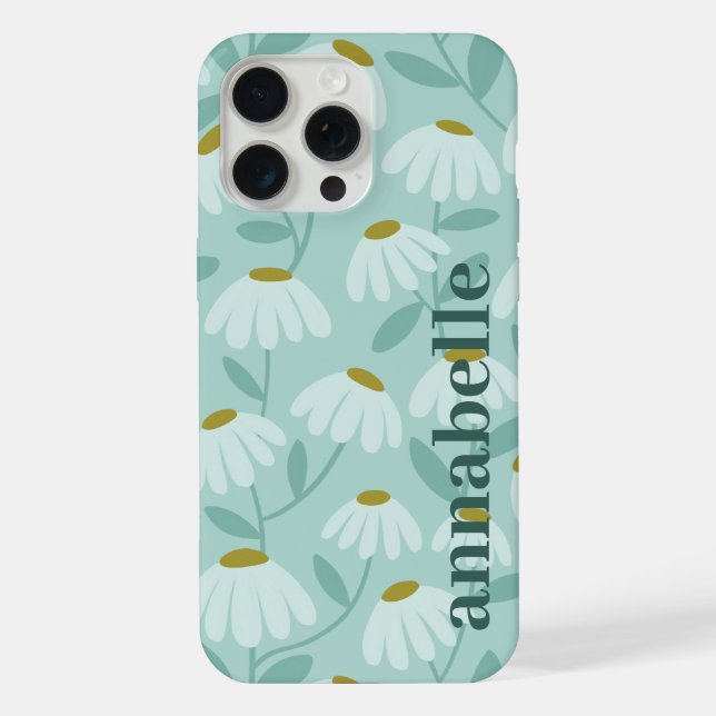 Side Monogram Name Teal Blue Floral Pattern iPhone Case (Back)
