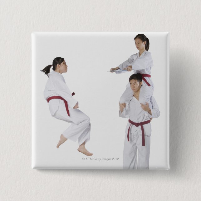 Side profile of a young man practicing 2 inch square button (Front)