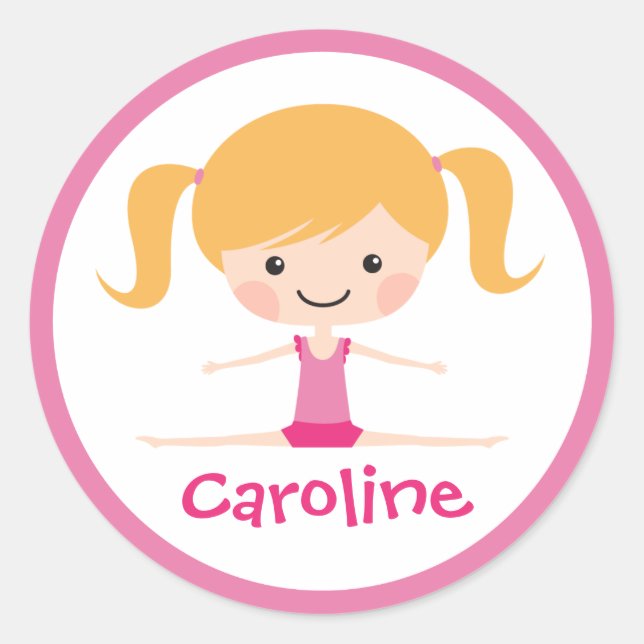 Side split gymnast girl cartoon custom name classic round sticker (Front)
