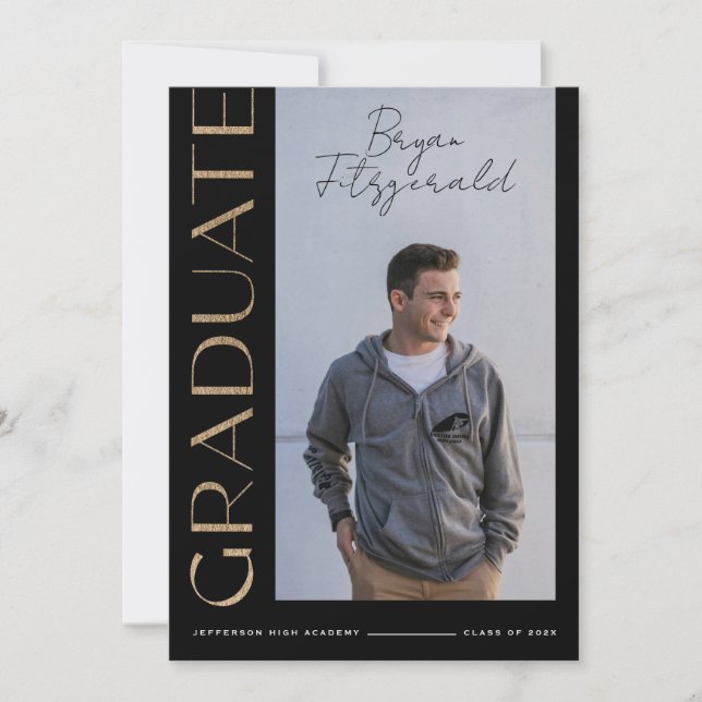 Side Text Modern Black and Gold Grad Announcement (Front)