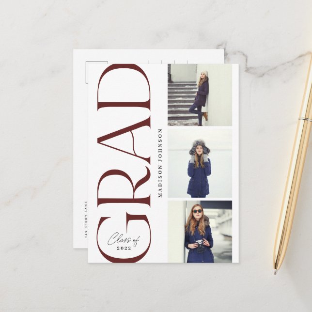 Side Typography Graduation 2022 3 Photo Party Red Announcement Postcard (Front/Back In Situ)