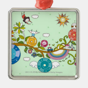 Side view of children playing on tree branch metal ornament