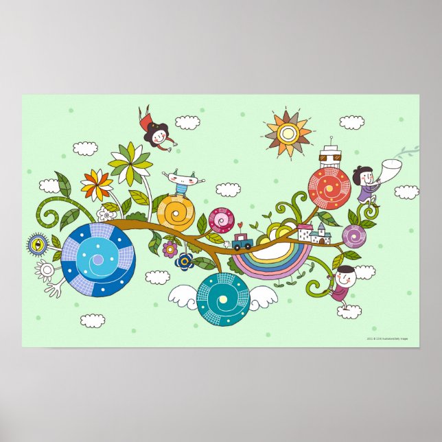 Side view of children playing on tree branch poster (Front)