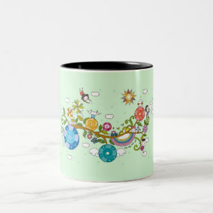 Side view of children playing on tree branch Two-Tone coffee mug