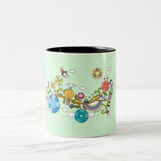 Side view of children playing on tree branch Two-Tone coffee mug (Center)
