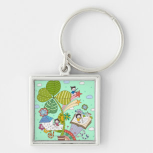 Side view of children studying by potted plant keychain