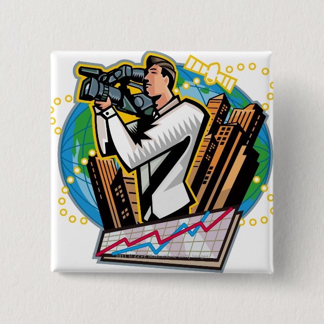 Side view of man shooting 2 inch square button (Front)