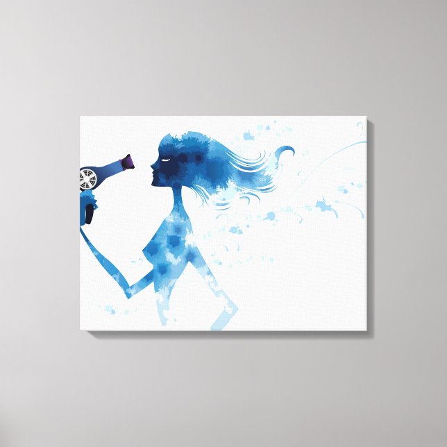 Side view of woman blow drying long hair canvas print (Front)
