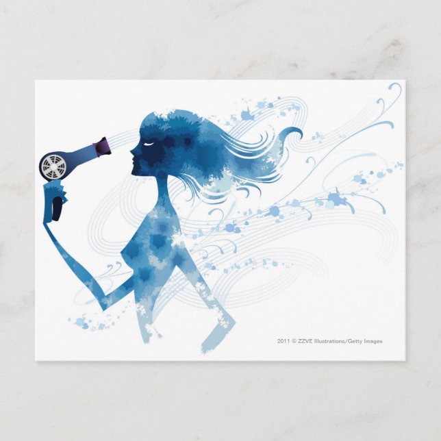Side view of woman blow drying long hair postcard (Front)