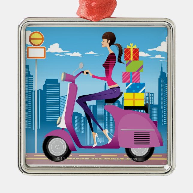 Side view of woman with gifts on scooter metal ornament (Front)