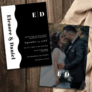 Side Wave Monogram Black & White Photo Wedding Invitation