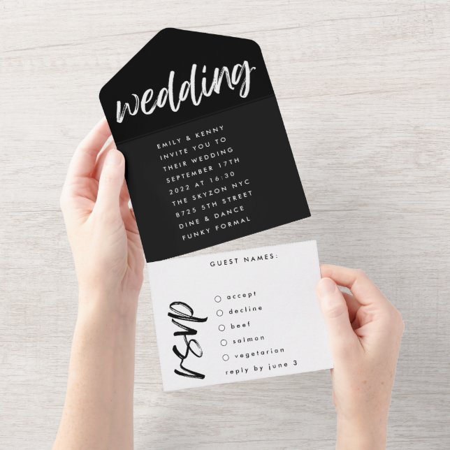 Side Ways Black Modern Simple Wedding All In One Invitation (Tearaway)