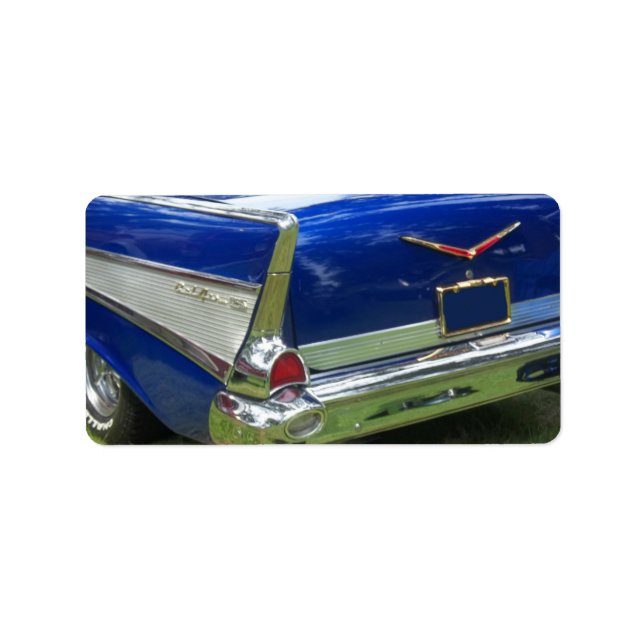 Side white tailfin on blue classic car label (Front)