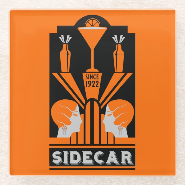 Sidecar Cocktail Art Deco Glass Coaster (Front)