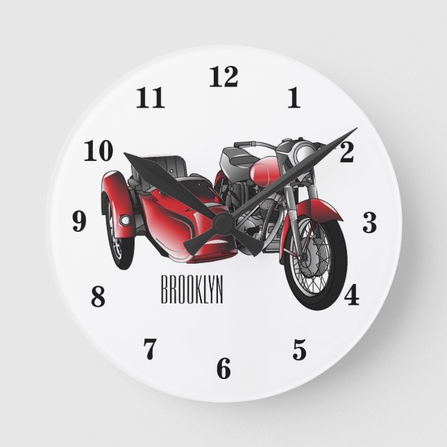 Sidecar motorcycle cartoon illustration  round clock (Front)