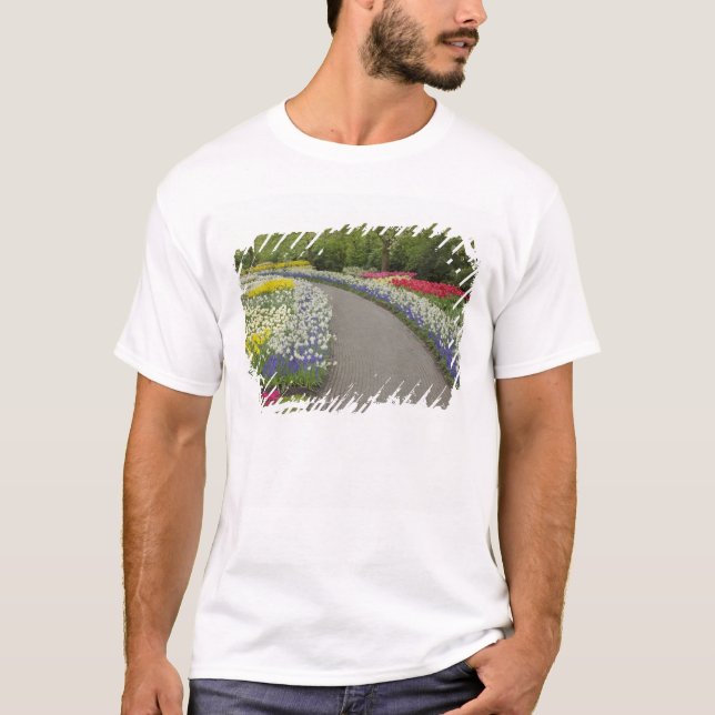 Sidewalk pathway through tulips and daffodils, 2 T-Shirt (Front)