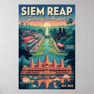 Siem Reap Cambodia Retro Travel Poster Art