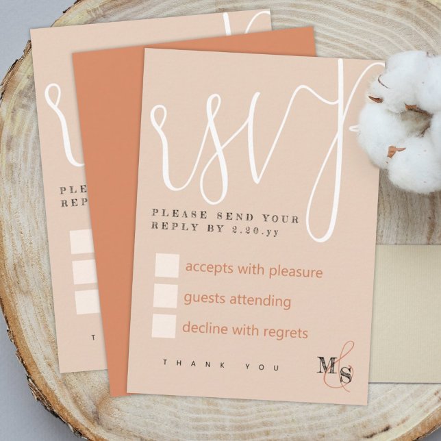 Sienna Beige White Calligraphy Wedding RSVP Card (natural sienna beige white wedding rsvp respond reply return enclosure card, calligraphy elegant)