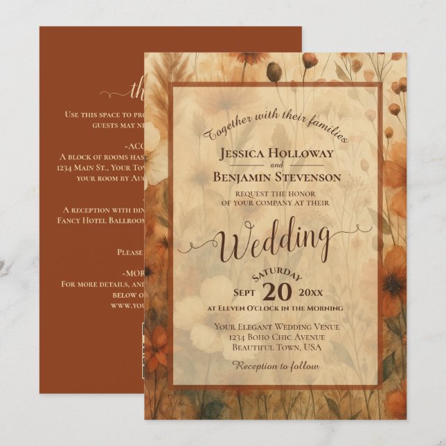 Sienna Boho Floral Calligraphy & QR Code Wedding Invitation (Front/Back)