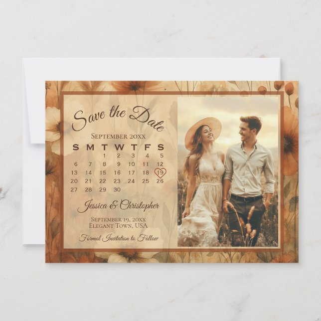 Sienna Boho Floral Medley Calendar & Photo Wedding Save The Date (Front)