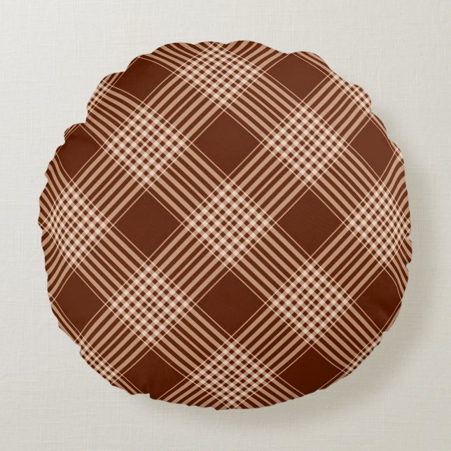 Sienna Brown And White Plaid Round Pillow (Front)