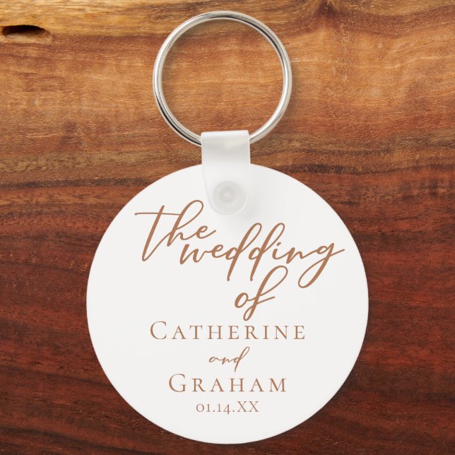 Sienna Brown Script Minimalist Custom Wedding Keychain (Front)