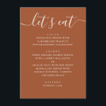 Sienna Fall Wedding | Terracotta Reception Dinner Menu<br><div class="desc">Present your wedding menu in a clean and elegant way with this modern menu card. The layout is designed to keep each course easy to read, from starters to dessert, while still feeling cohesive with your overall table setting. The vertical structure works well for multi-course dinners and helps guests quickly...</div>