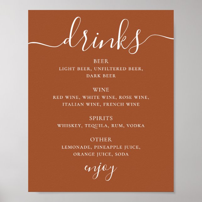 Sienna Wedding Drinks Menu | Terracotta Bar Sign (Front)
