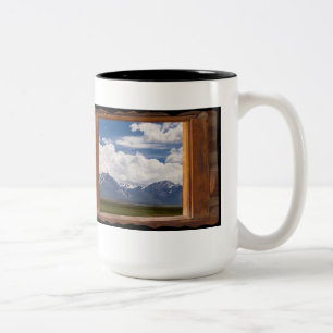 Sierra Nevada Through Cabin Window on Black Two-Tone Coffee Mug