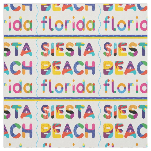 Siesta Beach, Florida. Colourful Text Pattern Fabric (Swatch)