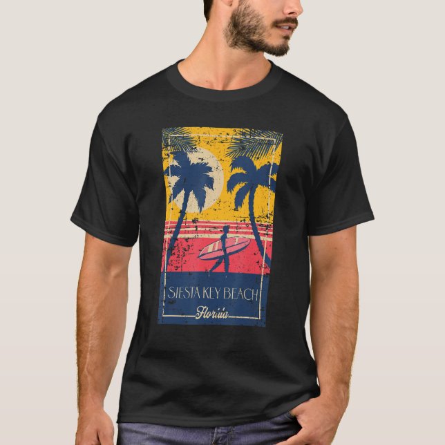 Siesta Key Beach Florida Retro Surfer Beach Distre T-Shirt (Front)