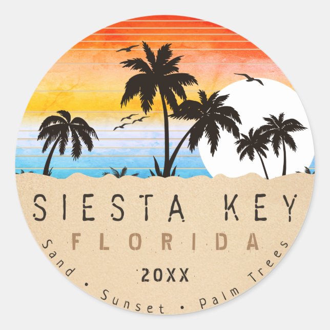 Siesta Key Florida Beach Retro Sunset Souvenir 80s Classic Round Sticker (Front)