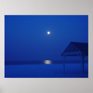 Siesta Key, Florida - Full moon over gulf at dawn Poster