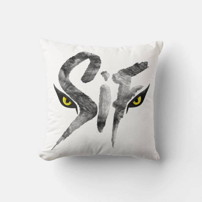 Sif, the Great Grey Wolf Typography Throw Pillow (Front)