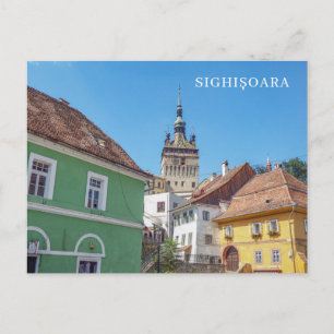 Sighisoara Clock Tower and buildings view postcard