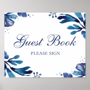 Sign guest book. Blue wedding flowers. Navy floral