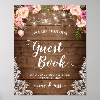 Sign Guestbook Rustic Floral String Lights Lace