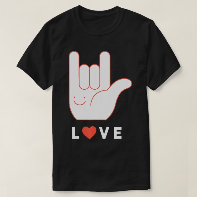Sign Language Hand for LOVE, with smile and red he T-Shirt (Design Front)