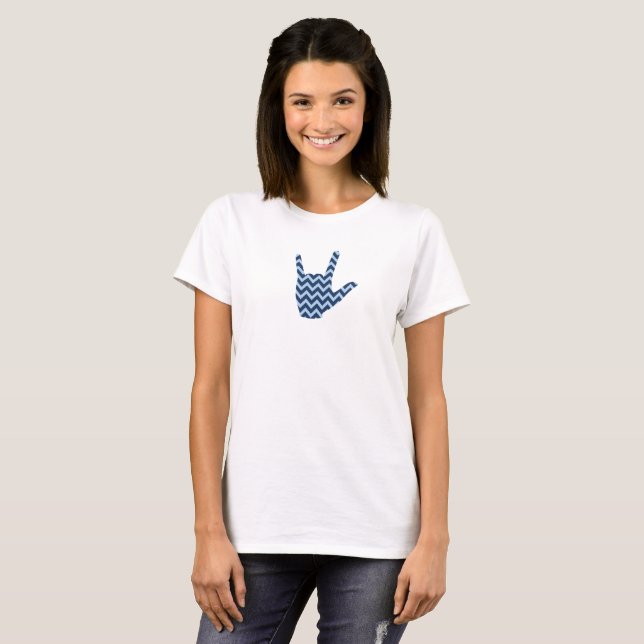 Sign Language "I Love You" Blue Chevron T-Shirt (Front Full)