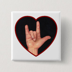 SIGN LANGUAGE I LOVE YOU HEART, HAND 2 INCH SQUARE BUTTON