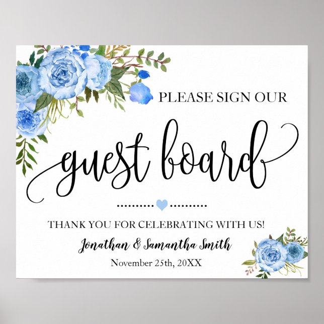 Sign our Guest board wedding shower blue floral (Front)